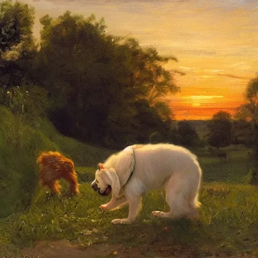 Image similar to a dog at sunset vomiting on Donald Trump, in a garden by Peder Krøyer, golden hour