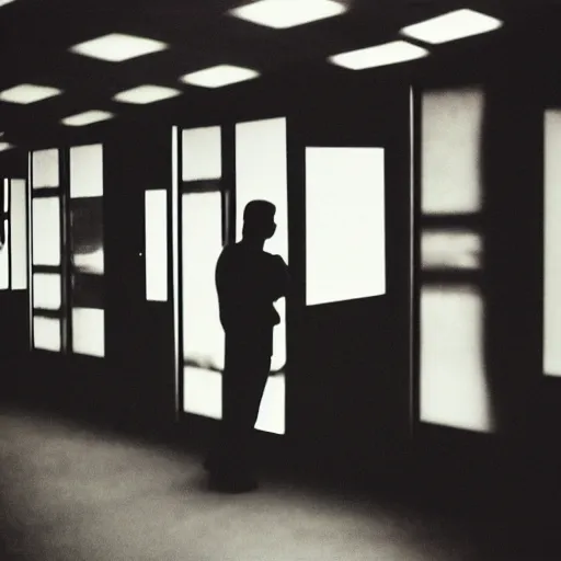 Image similar to a guy standing in a room with computer screens lining the walls, faded effect, photograph, kodak film, realism,