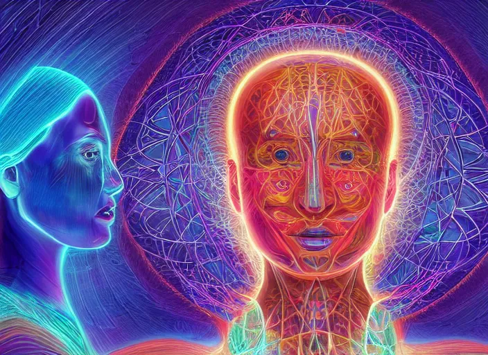 Image similar to trasnformation into transcendence into collaborative intelligence, endless collaboration with ai, connectedness, body, by alex grey, album cover, award winning, beautiful, colorful, volumetric lighting, trending on artstation, cinematic