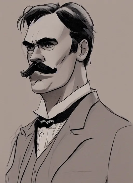 Prompt: Friedrich Nietzsche with a chiseled Jawline and serious Look, in his suit, in the Style of Atey Ghailan and Artgerm and Mike Mignola, beautiful colors, hard shadows, rim light, plain background, trending on artstation