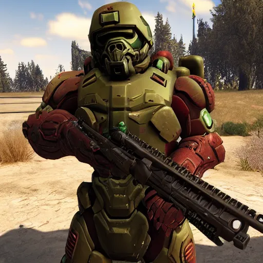 Image similar to doom slayer as american soldier, photography