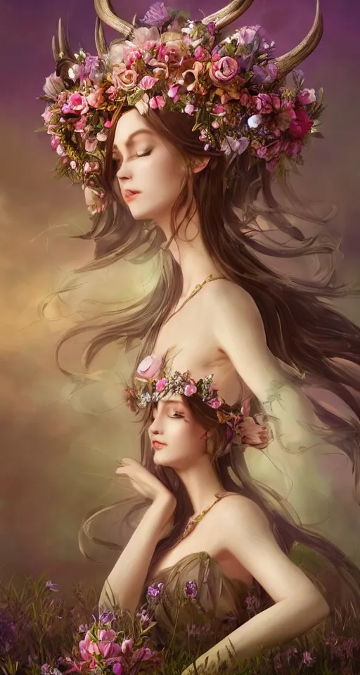 Image similar to A beautiful fantasy empress, full body, just one head, flower tiara, long hair, wearing dramatic aristocrat robe, delicate figure, field of fantasy flowers, foxes and deer, epic composition, ultra wide-shot, dynamic pose, concept art, beautifully lit, digital painting, smooth, character design, sharp focus, elegant, intricate, trending on artstation, by WLOP and James Jean and Victo Ngai