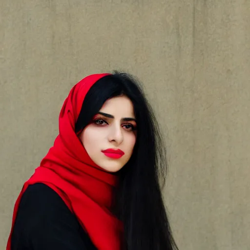 Prompt: A photorealistic portrait of an Iranian young woman with long black hair wearing a red scarf, DSLR Photograph, 8k