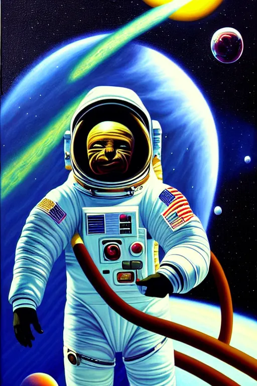 Image similar to a hyperrealistic painting of an astronaut being pulled into the vacuum of space. cinematic horror by jimmy alonzo, the art of skinner, chris cunningham, lisa frank, richard corben, highly detailed, vivid color,