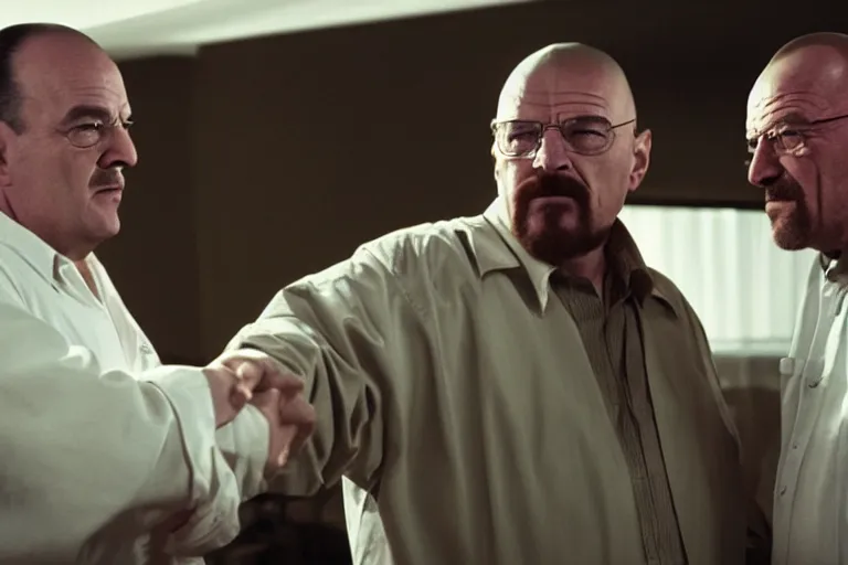 Prompt: walter white shaking hands with tony soprano at the badabing, film still, dramatic lighting, epic,