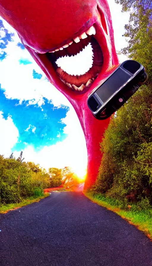 Image similar to phone photo of a giant mouth open on an asphalt road, realistic photo, gopro, looming, colorful, eerie