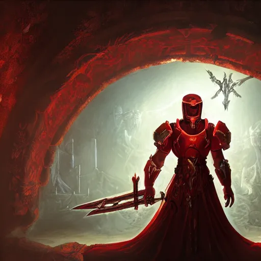 Prompt: blood knight, glowing halo, fantasy art, located in a castle, morning sunlight through the window, decorated, high quality, highly detailed, 4 k