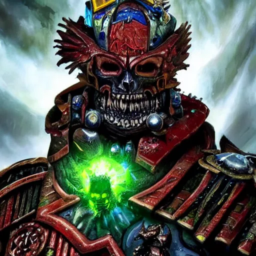 Image similar to Jim Carrey as chaos marine, face visible. epic game portrait. Highly detailed. Warhammer 40k art by Michelangelo