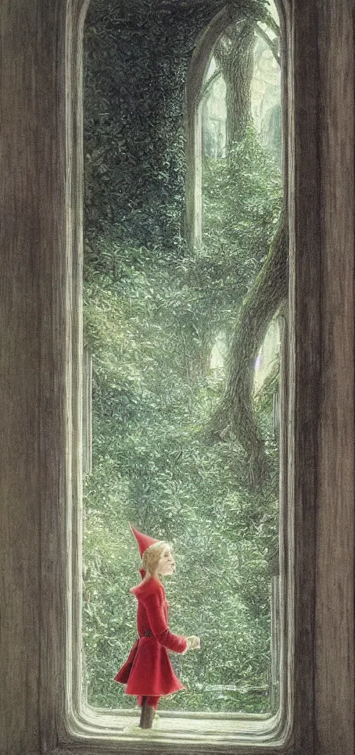 Image similar to an elf staring at the window looking at the trees outside, 8 k, ultra _ realistic, art by alan lee