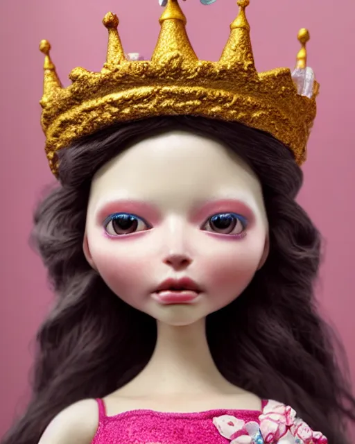 Image similar to closeup face profile portrait of a tin toy fairytale princess wearing a crown eating cakes, bikini, depth of field, zeiss lens, detailed, symmetrical, centered, fashion photoshoot by nicoletta ceccoli, mark ryden, lostfish, hyperrealistic, octane render