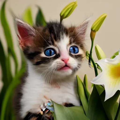 Image similar to A cute but sad kitten holding lilies in its mouth, 4k, award wining photo