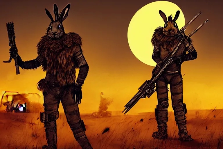 Image similar to a good ol'rabbit fursona ( from the furry fandom ), heavily armed and armored facing down armageddon in a dark and gritty version from the makers of mad max : fury road. witness me.