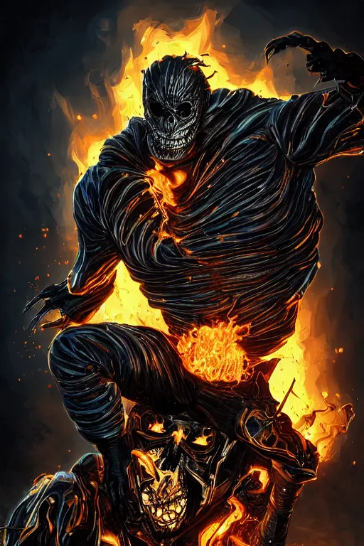 Image similar to ghost rider symbiote, comic strip style, dynamic lighting, fantasy concept art, trending on art station, stunning visuals, creative, cinematic, portrait, ultra detailed