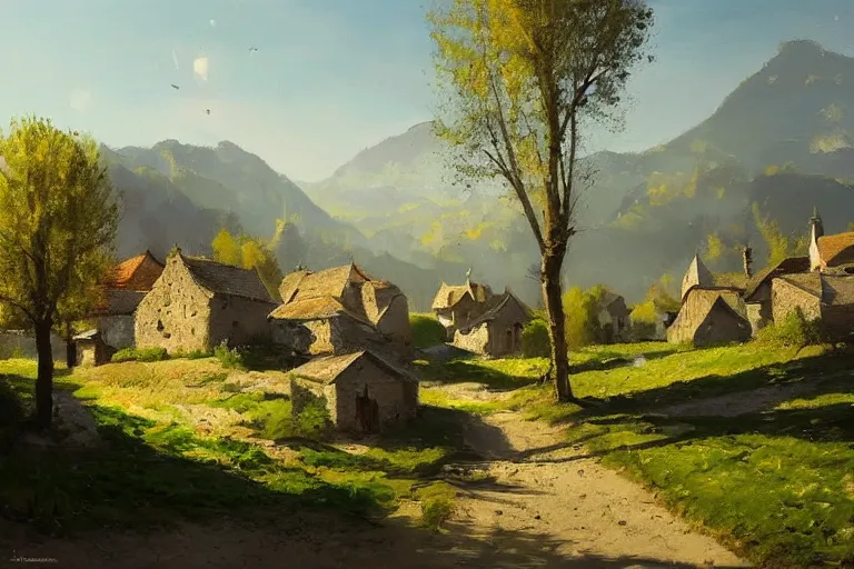 Image similar to a beautiful landscape of a tiny futuristic village in the french countryside during spring season, painting by lorenzo lanfranconi hd, nice spring afternoon lighting, smooth tiny details, soft and clear shadows, low contrast, perfect