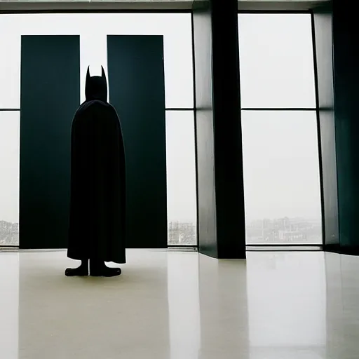 Image similar to Batman standing in giant Italian modern castle living room, clean minimalist design, that is 1300 feet tall, with very tall giant walls filled with modern art paintings, doors that are cosmic portals, photo by Annie Leibovitz