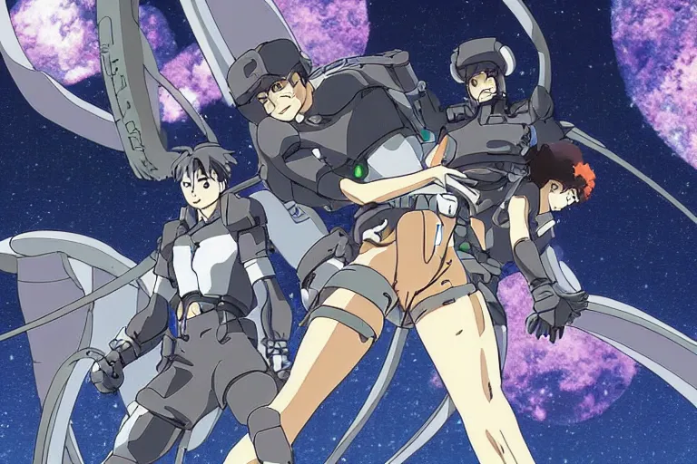 Image similar to still from anime sci-fi movie by Studio Ghibli, illustrated by Masamune Shirow