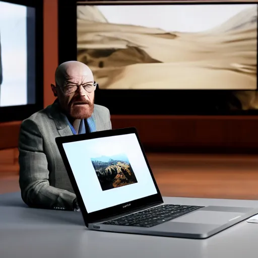 Image similar to walter white presenting the new macbook pro, photorealistic, highly detailed, sharp focus, 4 k, movie still