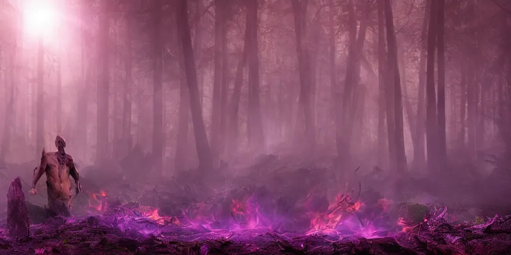 Prompt: the god of nature having a ritual in a mysterious and lush burning forest, dark fantasy, wide shot, purple hue, realistic lighting, sunshaft