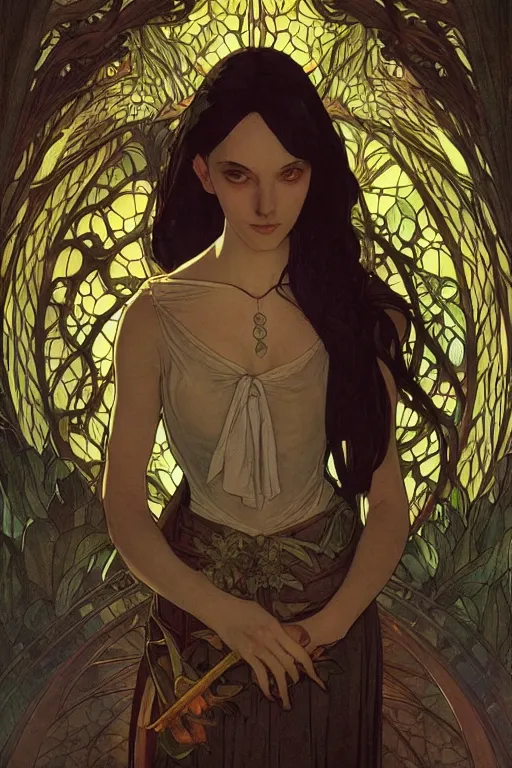 Image similar to a beautiful render of absolutely beautiful witch, gothic background, a beautiful face, perfectly shaded, atmospheric lighting, style of makoto shinkai, raphael lacoste, louis comfort tiffany, artgerm, karol bak, james jean, alphonse maria mucha