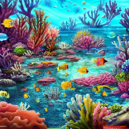 Prompt: coral reef village, underwater, digital art, trending on art station, high detail