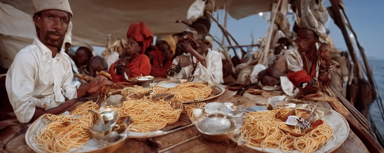 Image similar to vasco da gama sailing around africa, eating spaghetti, small details, intricate, canon 8 0 mm, cinematic lighting, wes anderson film, kodachrome