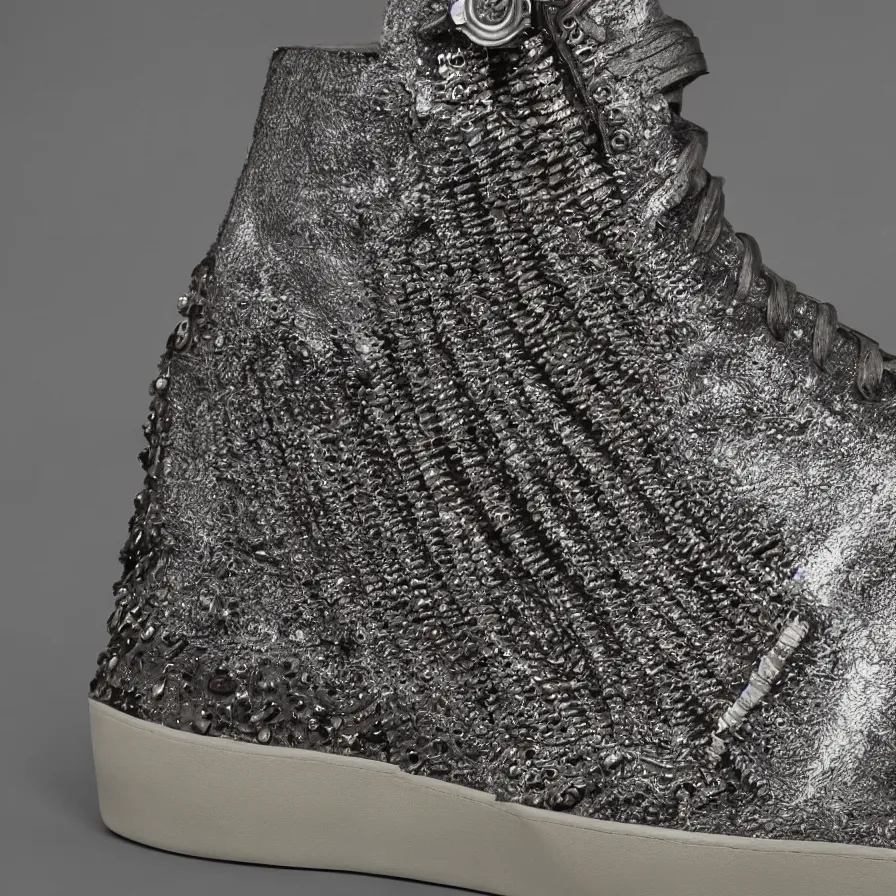 Prompt: hypermaximalist rick owens ramones high - top sneaker, highly detailed and intricate, product photo, 8 k, 5 0 mm, f 3. 4