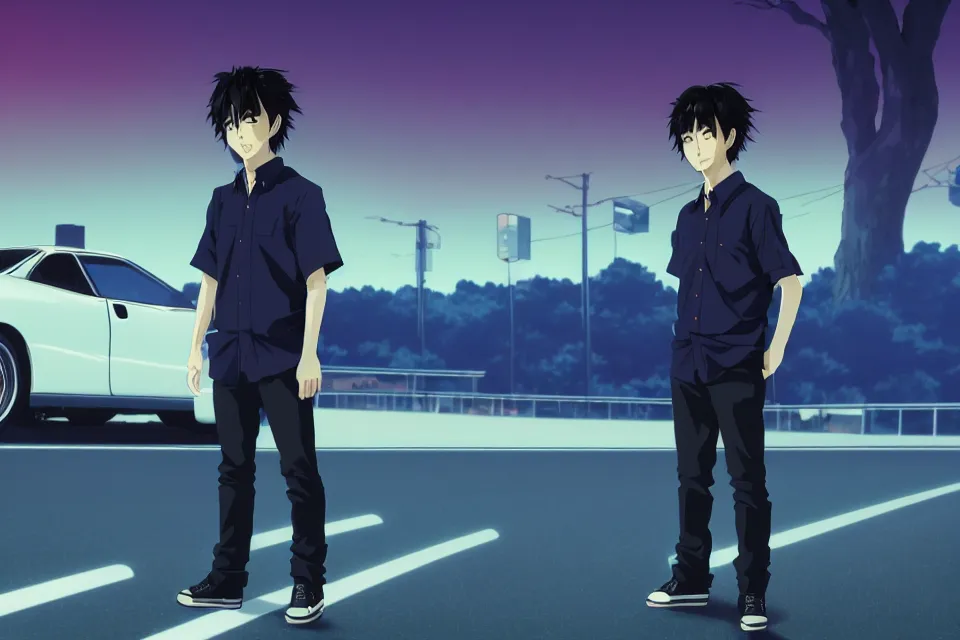 Image similar to aesthetic illustration of very serious ryosuke takahashi with black hair wearing a dark blue shirt standing near mazda rx 7 on an empty highway at dusk, cinematic lighting, initial d anime 1 0 8 0 p, detailed anime face, high detail, 9 0 s anime aesthetic, volumetric lights, unreal engine 5 render, pinterest wallpaper, trending on artstation