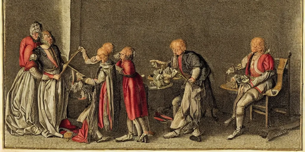 Image similar to judge in judge's wig is making a haircut to another judge with a wig, by maria sibylla merian