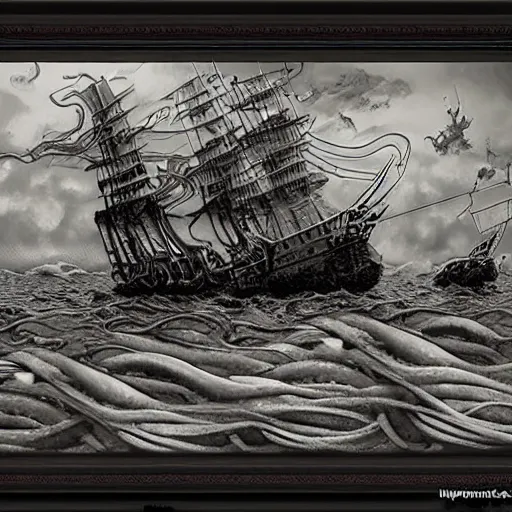 Image similar to 🤷🏽‍♂️ 🐙 a highly detailed hyperrealistic scene of a ship being attacked by giant squid tentacles, ultra realistic, jellyfish, squid attack, dark, voluminous clouds, thunder, stormy seas, pirate ship, dark, high contrast, yoji shinkawa, scary, m.c. Escher, highly detailed, brutal, beautiful, octopus arms attacking the ship from the storm, illusion, artgerm