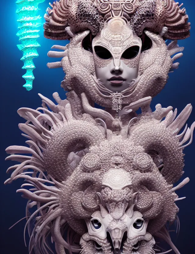 Prompt: 3 d goddess close - up 3 / 4 portrait with ram skull. beautiful intricately detailed japanese crow kitsune mask and clasical japanese kimono. betta fish, jellyfish phoenix, bio luminescent, plasma, ice, water, wind, creature, artwork by tooth wu and wlop and beeple and greg rutkowski