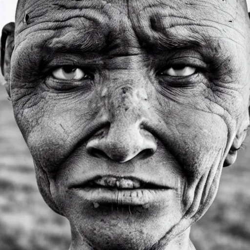 Prompt: steppe people raider elongated cranium protester face style photo black and white wide angle lense