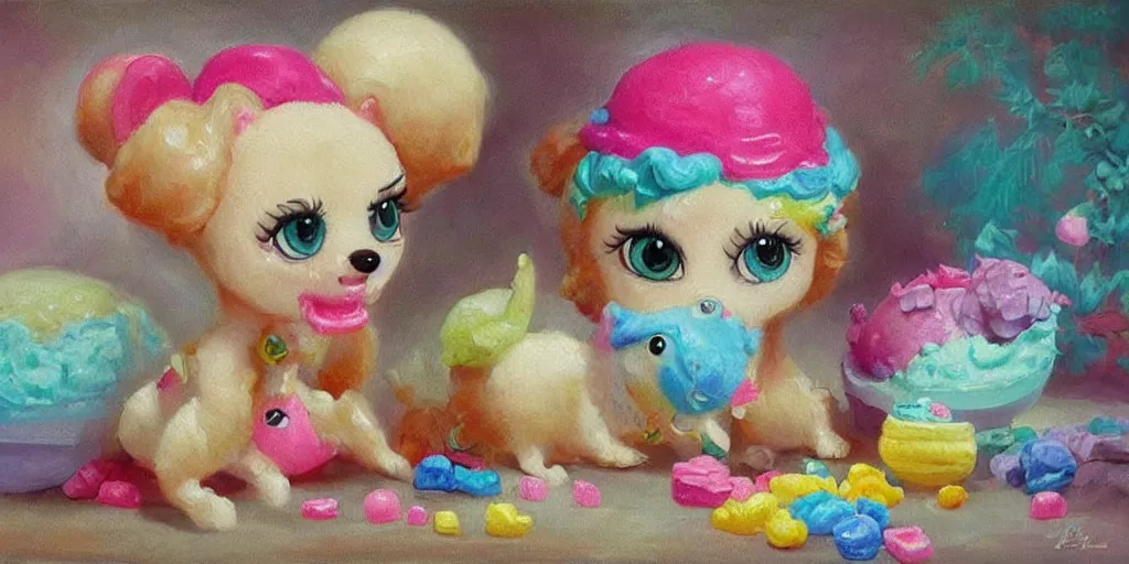 Image similar to bubble gum ice cream made in the shape of 3 d littlest pet shop poodle, realistic, melting, soft painting, forest, desserts, ice cream, glitter, master painter and art style of noel coypel, art of emile eisman - semenowsky, art of edouard bisson