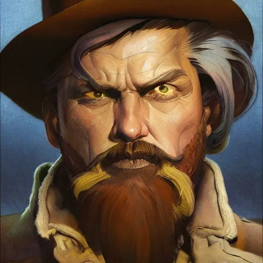 Prompt: N. C. Wyeth painting bearded gunslinger, painted fantasy character portrait, headshot, fantasy, highly detailed, digital painting, artstation, concept art, sharp focus, illustration, art by the golden age of American illustration archive, simon bisley and frank frazetta, artgerm and greg rutkowski and alphonse mucha