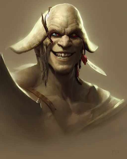 Prompt: portrait of a pale skin self confident smiling orc with a pirate hat, dramatic lighting concept art by blizzard studio and ruan jia and raphael lacoste, trending on artstation