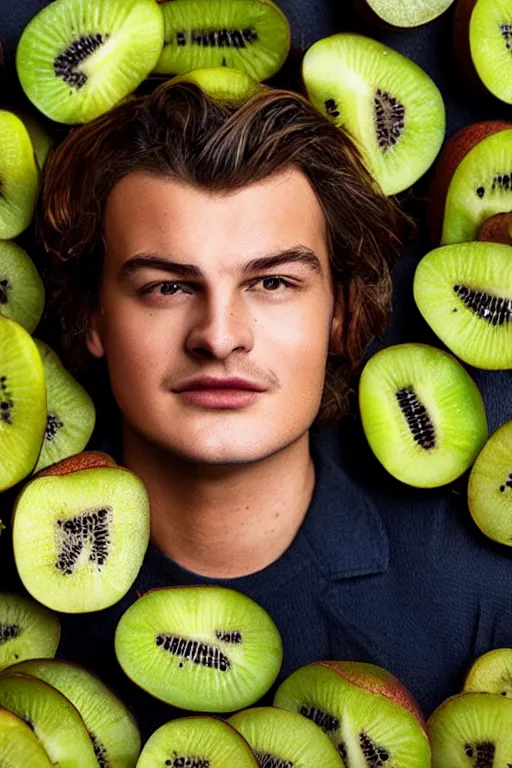 Image similar to 📷 joe keery the kiwi fruit 🥝, made of food, head portrait, dynamic lighting, 4 k