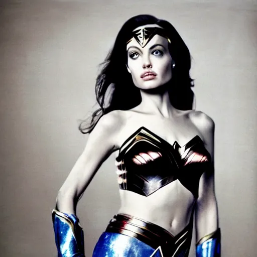 Prompt: young angelina jolie as wonder woman, photorealistic, photographed in the style of annie leibovitz - h 6 4 0