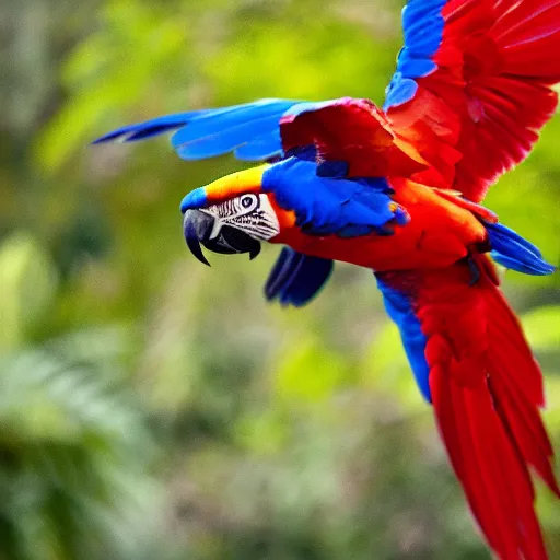 Image similar to golden red and blue macaw flying, amazon in the background, sentient bird, dawn