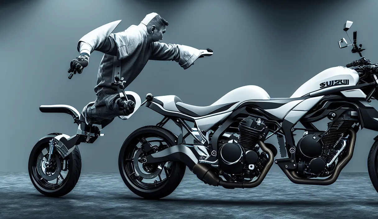 Image similar to futuristic version of suzuki bandit bike, high detail design, volumetric lighting, from new movie by digital domain and weta digital, strong ambient occlusion