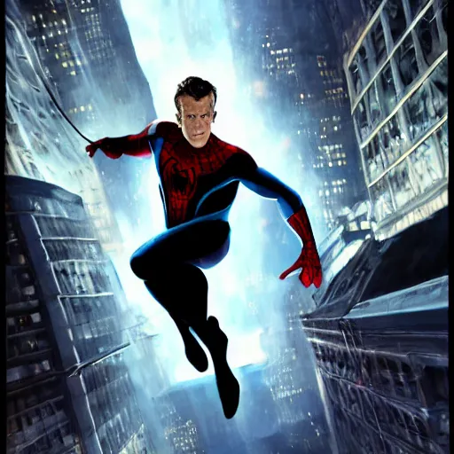 Image similar to ryan reynolds as spider - man, wearing a black and blue suit, cinematic, volumetric lighting, f 8 aperture, cinematic eastman 5 3 8 4 film, photorealistic by greg rutkowski, by stanley artgerm, by alphonse mucha