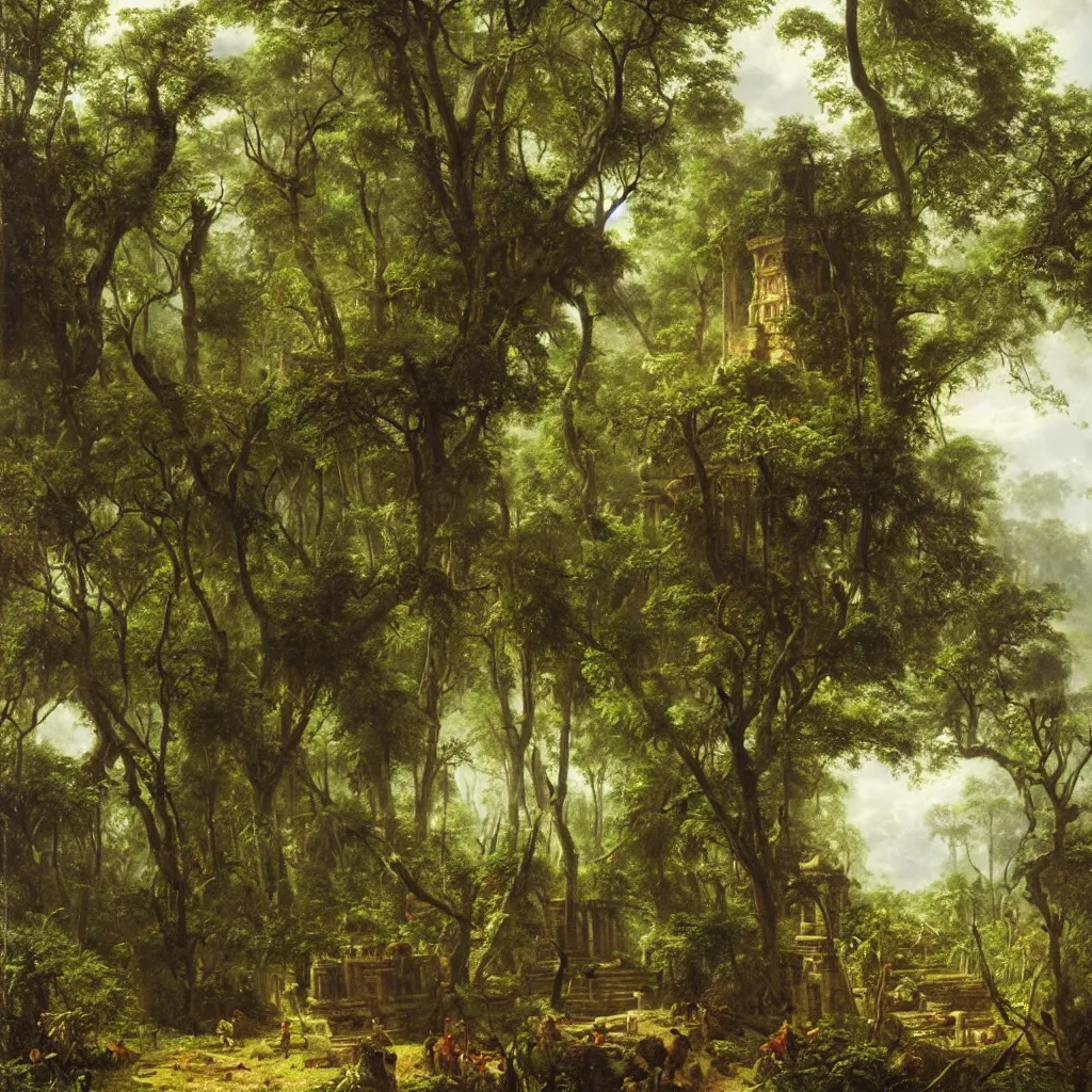 Image similar to aztec temple in the jungle overgrown with vegetation, painting by andreas achenbach