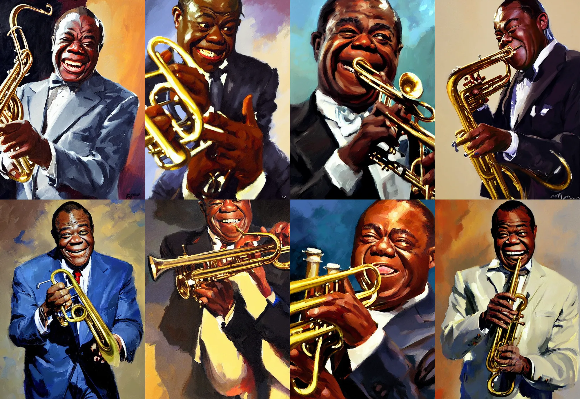 Prompt: a portrait of louis armstrong smiling, holding his trumpet, by greg manchess, dramatic lighting, highly detailed digital painting