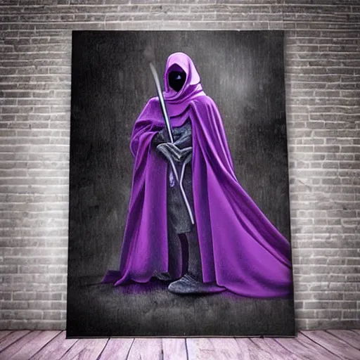 Image similar to grim reaper, purple cloak, scary