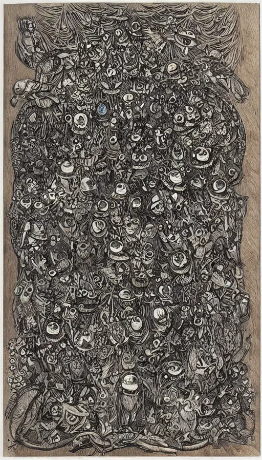 Image similar to The end of an organism, by Louis Wain engraved on a wooden board