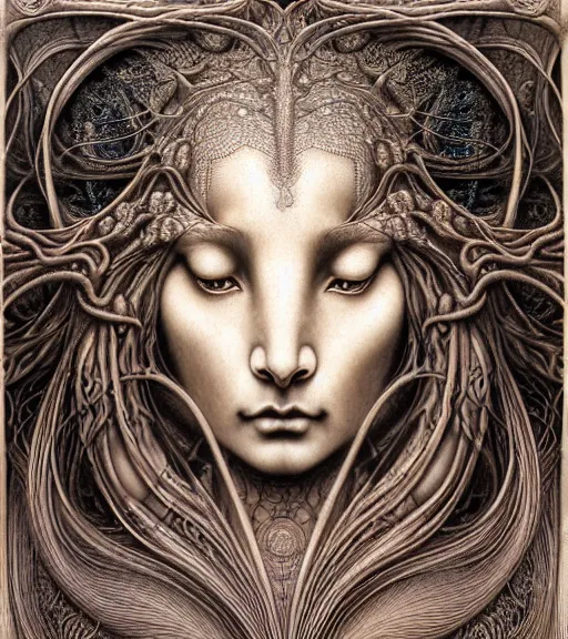 Image similar to detailed realistic beautiful coyote goddess face portrait by jean delville, gustave dore, iris van herpen and marco mazzoni, art forms of nature by ernst haeckel, art nouveau, symbolist, visionary, gothic, neo - gothic, pre - raphaelite, fractal lace, intricate alien botanicals, ai biodiversity, surreality, hyperdetailed ultrasharp octane render