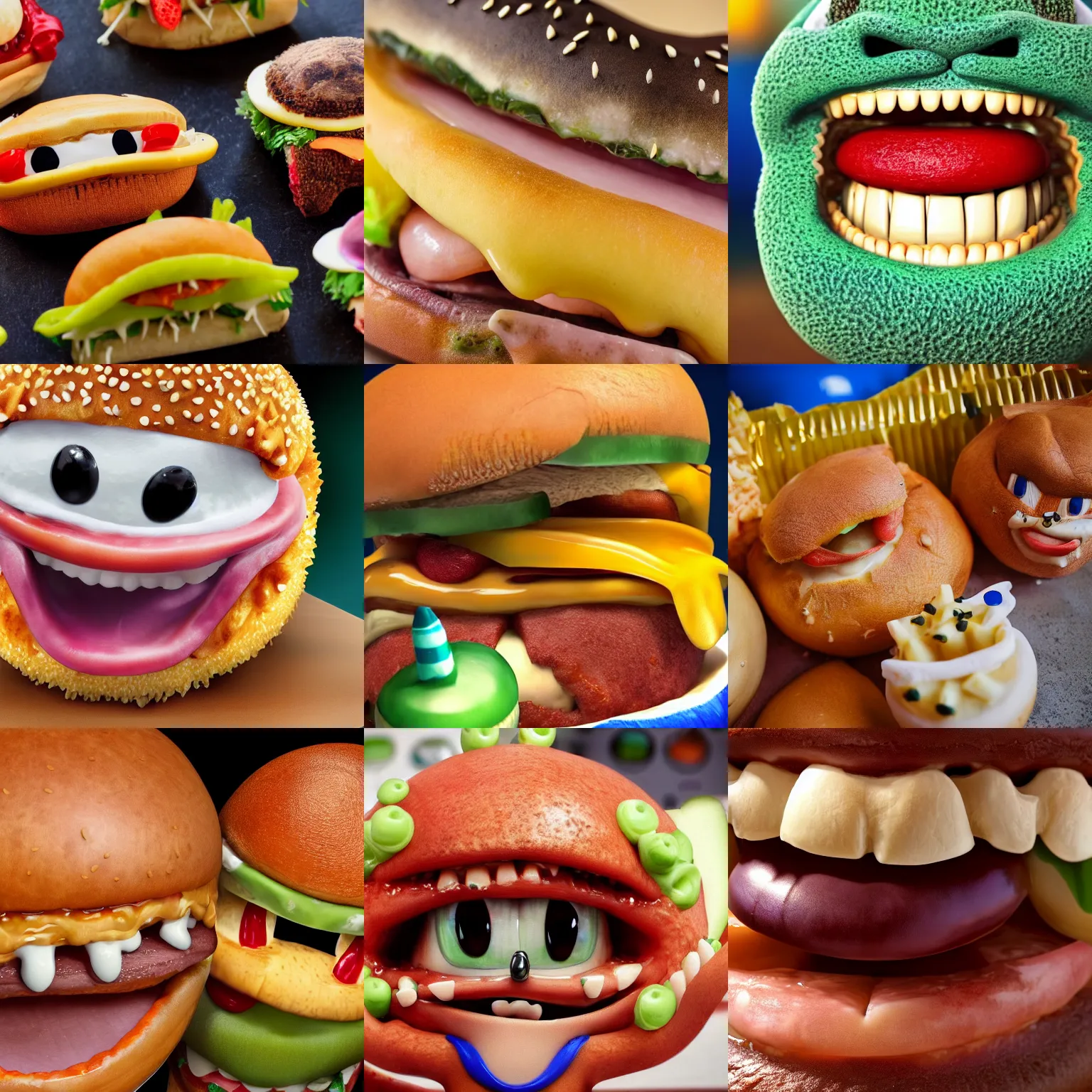 Prompt: high definition picture of close up of food that looks ugly sonic with a toothache grin snarling