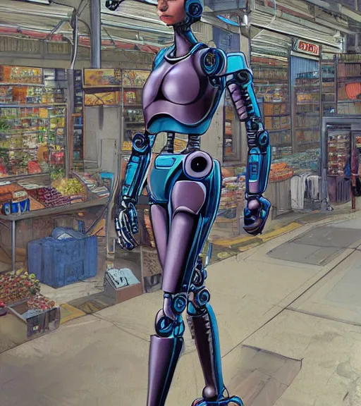 Image similar to a robot with a digitized female face for a head, walking through a market Industrial Scifi, detailed illustration, character portrait, by Martin Grip and Moebius