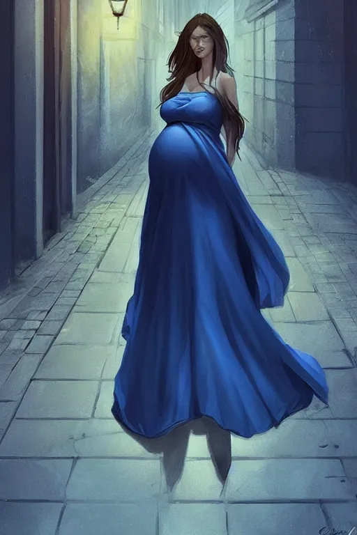 Prompt: pregnant woman in a small blue dress on night street, highly detailed, sharp focused, ultra realistic digital concept art by Charlie Bowater