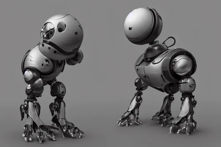 Prompt: Spherical Robot that is 1 meter standing on two legs, high octane render, art station