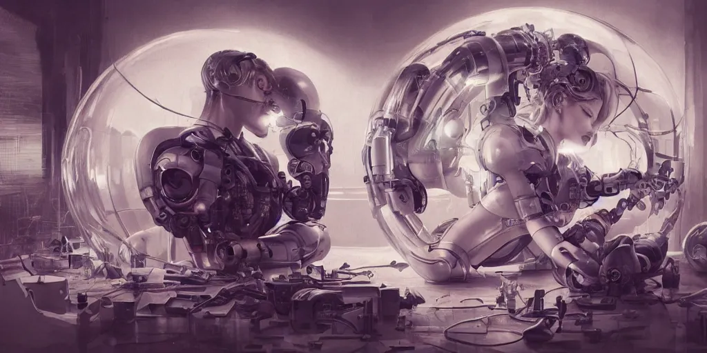 Image similar to hyperrealistic photography of a gorgeous big female cyborg constructing a bubble machine in the style of Jin Kagetsu, James Jean and wlop, highly detailed, masterpiece, award-winning, sharp focus, intricate concept art, ambient lighting, 8k, artstation