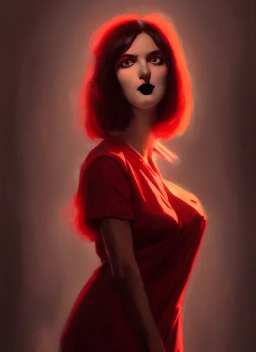 Image similar to portrait of a woman with a crooked nose and a confident expression, 1 9 6 0 s, long hair, red clothes, goth, intricate, elegant, glowing lights, highly detailed, digital painting, artstation, concept art, smooth, sharp focus, illustration, art by wlop, mars ravelo and greg rutkowski